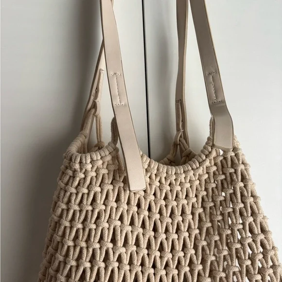 Beige Macramé Tote Bag with Leather Straps - Picture 2 of 5